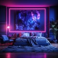 wall art hanging in neon blue and purple bedroom generative AI