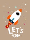 Colorful Cartoon Rocket Ship Soaring Past Planets in Outer Space Royalty Free Stock Photo