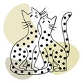 Wall art, two cute spotted cats hugging each other. Line drawing and abstract spots. Postcard