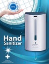 Wall automatic sanitizer dispenser for hand. Rubbing Alcohol based. Covid-19 spread prevention. Soap or antiseptic dispenser ads.