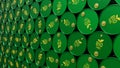 Wall of biofuel barrels or biodiesel drums. Sustainable energy concept. 3d render illustration