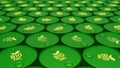 Wall of biofuel barrels or biodiesel drums. Sustainable energy concept. 3d render illustration