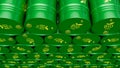Wall of biofuel barrels or biodiesel drums. Sustainable energy concept. 3d render illustration