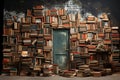A wall of books and an old door. Knowledge and answers concept. generative AI Royalty Free Stock Photo