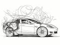 Wall box charges electric car in hand-drawn style
