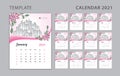Wall calendar 2021 design, pink flowers concept, Desk calendar 2021 template can be place for photo and company Logo, poster Royalty Free Stock Photo