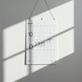 Wall calendar with large numbers hangs on a white wall, supported by two nails and Royalty Free Stock Photo