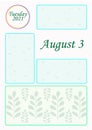 Wall calendar page template with seasonal graphics for month. August summer themed calender page Royalty Free Stock Photo