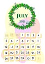 Wall calendar page template with seasonal graphics for month. July summer themed calender page