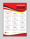 Wall calendar 2028 template, calendar 2028 design, red wave background, desk calendar 2028 design, Week start Sunday, flyer, Set