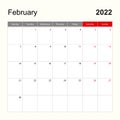 Wall calendar template for February 2022. Holiday and event planner, week starts on Monday Royalty Free Stock Photo