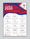 Wall calendar 2030 template on red wave background, calendar 2030 design, desk calendar 2030 design, Week start Sunday, flyer, Set