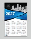 Wall calendar 2027 year blue wave template vector with Place for Photo and Logo. Week Starts on sunday. desk calendar 2027 design