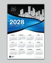 Wall calendar 2028 year blue wave template vector with Place for Photo and Logo. Week Starts on sunday. desk calendar 2028 design