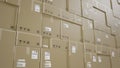 Wall of Cardboard Boxes For Package, Pile, Shipping and Delivery, With Signs and Labels, White Background, Perspective View Royalty Free Stock Photo