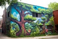 The wall of the city building is decorated with bright graffiti depicting trees, blooming flowers and lush greenery. The concept