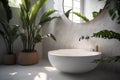 style tropical interior home sink clean design white leaf green bathroom. Generative AI. Royalty Free Stock Photo