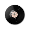 Wall clock in the form of ancient black gramophone records. Close up. Isolated on white background