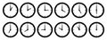 Wall clock icon set. Collection Clocks showing the time by the hour. Silhouette vector illustration isolated on white Royalty Free Stock Photo