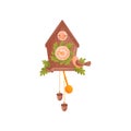 Wall clock in the shape of a house. Decorated with oak leaves. The bird sits in front of the house. Vector illustration