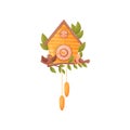 Wall clock in the shape of an orange house. Two birds are sitting on a branch in front of the house. Vector illustration Royalty Free Stock Photo