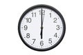 Wall clock shows time 6 o`clock on white isolated background. Round wall clock - front view. Eighteen o`clock