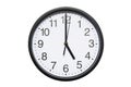 Wall clock shows time 5 o`clock on white isolated background. Round wall clock - front view. Seventeen o`clock