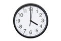 Wall clock shows time 4 o`clock on white isolated background. Round wall clock - front view. Sixteen o`clock