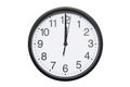 Wall clock shows time 12 o`clock on white isolated background. Round wall clock - front view. Twelve o`clock