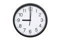 Wall clock shows time 9 o`clock on white isolated background. Round wall clock - front view. Twenty one o`clock