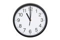 Wall clock shows time 11 o`clock on white isolated background. Round wall clock - front view. Eleven o`clock