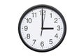 Wall clock shows time 3 o`clock on white isolated background. Round wall clock - front view. Fifteen o`clock