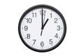 Wall clock shows time 1 o`clock on white isolated background. Round wall clock - front view. Thirteen o`clock