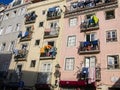 Wall of clotheslines on balconies in Lisbon, Portugal Royalty Free Stock Photo