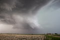 A wall cloud gathers under the base of a supercell storm over a field. Royalty Free Stock Photo