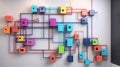 A wall with colorful electrical boxes on it. Generative AI image.