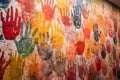 Wall covered in colorful handprints Royalty Free Stock Photo