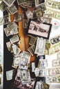 Wall covered with dollar bills at small local shop at Balboa Island California