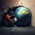 Wall covered in graffiti with caucasian boy and globe created using generative ai technology