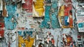 A wall covered in layers of peeling posters and adver creating a chaotic mix of colors and textures. This juxtaposition