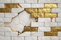 Wall With Cracked White And Gold Textured Bricks Royalty Free Stock Photo
