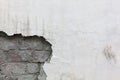 A wall with crumbling plaster. Traces of destruction. A brick wall. Poor-quality construction.A crack in the plaster.A