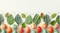 wall decor Easter eggs and green leaves against soft pink background Royalty Free Stock Photo