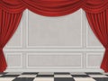 Wall decorated moulding panels checkered floor and red curtain