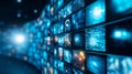 wall of digital screens displays various vibrant images and data visualizations creating dynamic and immersive environment blue Royalty Free Stock Photo