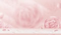 Wall Display of Pink Marble shelf with blurry English rose background,Vector 3D Studio scene with blurry spring flower,Sweet pink