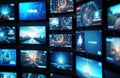 Wall displays various tech screens. Different brands, types of TVs show diverse visual content. Futuristic, modern tech visual Royalty Free Stock Photo