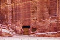 Wall with the door, the entrance to the temple, carved into the red sandstone rock in the canyon. Royalty Free Stock Photo