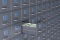 Wall from filing cabinet. Open box with money. 3D illustration Royalty Free Stock Photo