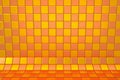 Wall and floor tiled pattern. Textured background in chessboard style in two warm colors Orange Peel and Saffron, 3d illustration. Royalty Free Stock Photo